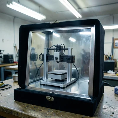A single 3D printer mid-print, filament thread visible, on a workbench with over