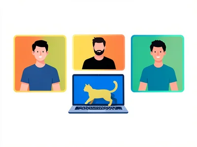 Three people in a video call grid, each in their own colored frame, a cat walkin