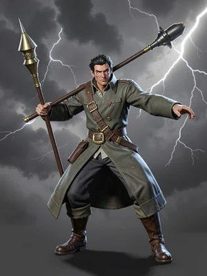 Storm-cloaked sky-engineer in oilskin coat with brass-buckled bandolier, rotor-s