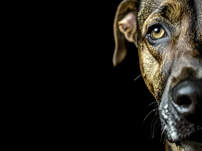 Dog nose and eye at extreme right edge of frame