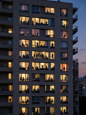 Apartment building at dusk, thirty identical lit windows stacked and compressed,