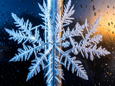 Frost feathers on metal pole, directional crystal growth forming aligned plumes 
