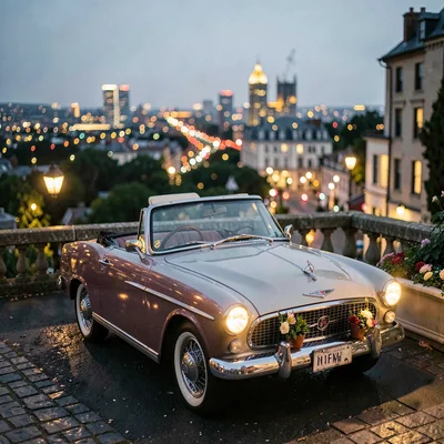 Vintage convertible parked at lover's lane overlook, city lights smearing into b