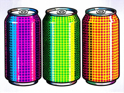 Six-pack of cola cans in vivid primary colors, mechanical dot pattern fills