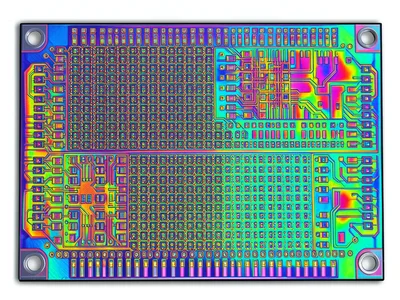 Mixed-signal die, clear boundary between dense digital logic and spacious analog