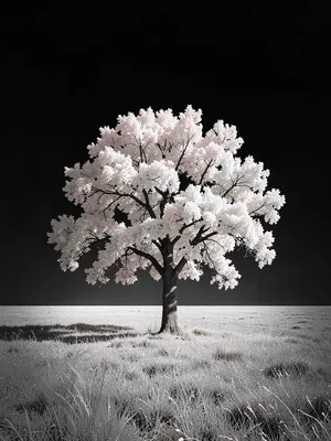A lone oak tree at the center of an empty field, leaves incandescent, sky near-b