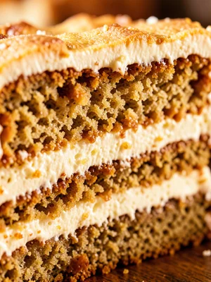 The cross-section of a layer cake: four layers of sponge, three layers of butter