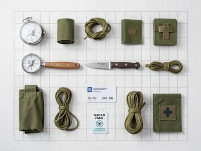 A survival kit: compass, fire steel, knife, cordage, water purification tabs, fi