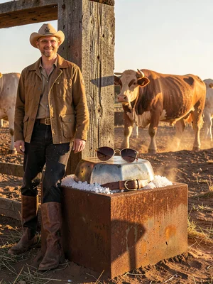 Versace sunglasses on salt lick block, cattle in background, fashion still life 