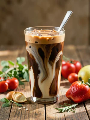 Iced coffee in a tall glass with milk swirling through dark espresso