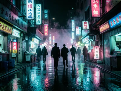 Taipei night market entrance, a tunnel of colored lights and steam, silhouetted 