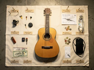 Everything from a street musician's open guitar case laid out on concrete — the 