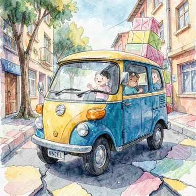 A friendly tuk-tuk rolling along a torn-paper street with crayon parcels stacked