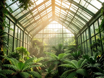 Kew Gardens temperate house interior: the massive glass structure, tree ferns be