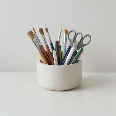 Art supplies organized in classroom caddy, paintbrushes, markers, scissors
