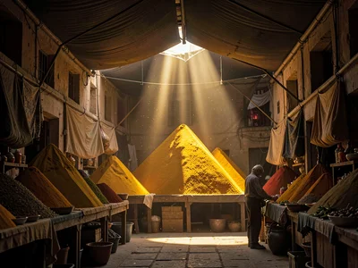 Spice pyramids with one illuminated by overhead gap, turmeric glowing gold while