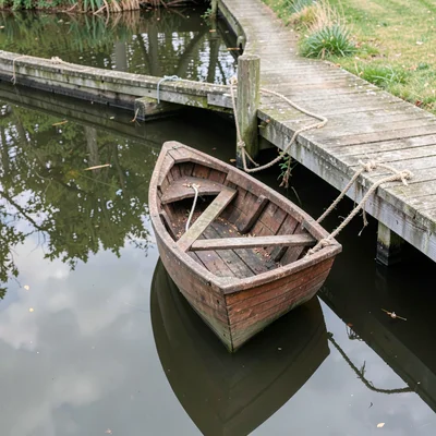 A small wooden rowboat tied to a dock, rope creating curve into frame