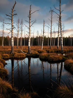 Birch skeleton at bog edge — dead silver birch trees standing in black water, wh