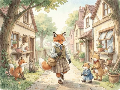 Fox walking through English village