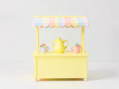 Perfectly symmetrical lemonade stand in pastel yellow, centered pitcher, two cup
