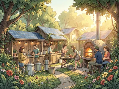 Outdoor communal kitchen with solar cookers and a wood-fired oven, people gather