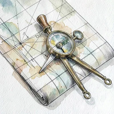Detail of a hand-drawn sextant and dividers resting on a rolled chart, ink cross