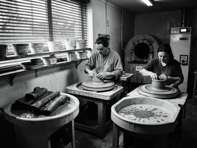 A pottery studio shared by three potters, each wheel station personalized — one 
