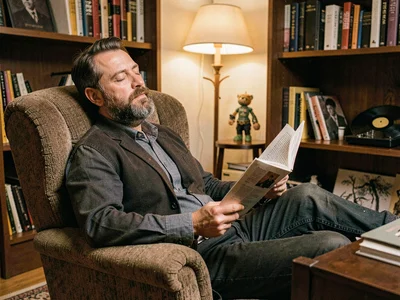 Listening posture in armchair, eyes closed, liner notes held loosely, active dee