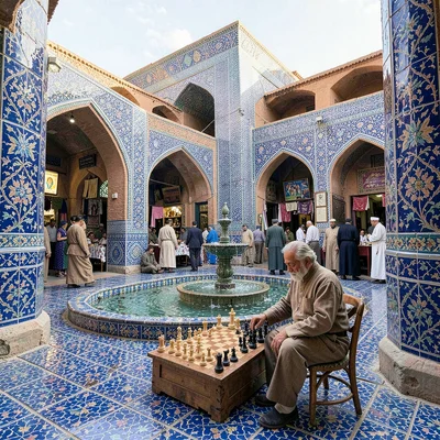 Samarkand blue majolica against Central Asian terracotta, old man playing chess 