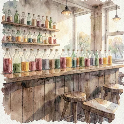 atmospheric watercolor of a quiet juice bar with rows of glass bottles, soft gol