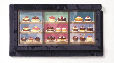 Gouache illustration, patisserie window display , opaque matte pigment, flat col
