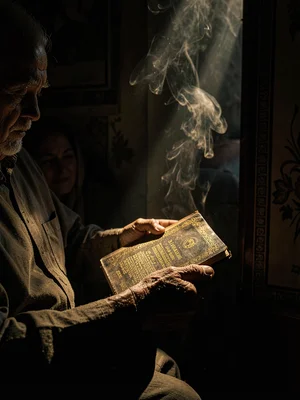 Dramatic light through darkness in Addis Ababa, Ethiopia, Elder's weathered hand