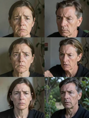 Face transitioning from grief to acceptance in multiple exposure, all stages of 