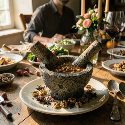 Mid-feast table scene, abundant hospitality, Walnut sauce in a stone mortar, pes