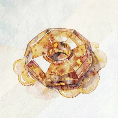 Solid amber lowpoly donut with a glazed faceted ring and warm caustics pooling a