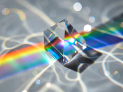 Rainbow light band crossing a pool of still water, spectrum reflected and double