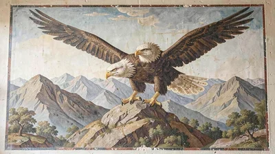 Fresco-style illustration, eagles soaring over mountains , painted into wet plas