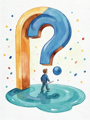 The small figure walks into a giant gouache doorway shaped like a question mark