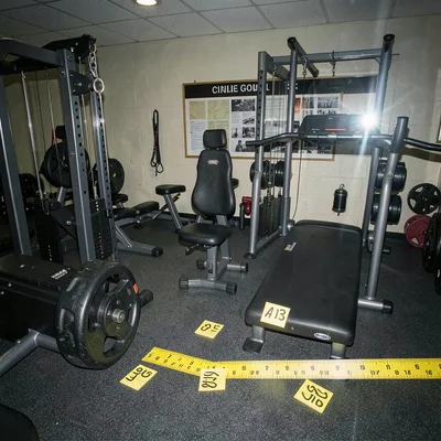 Home gym equipment arranged and documented as evidence