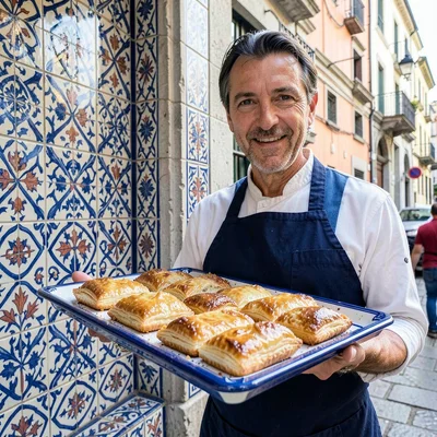 Azulejo tile geometry, Portuguese ceramic culture, A baker holding fresh pasteis