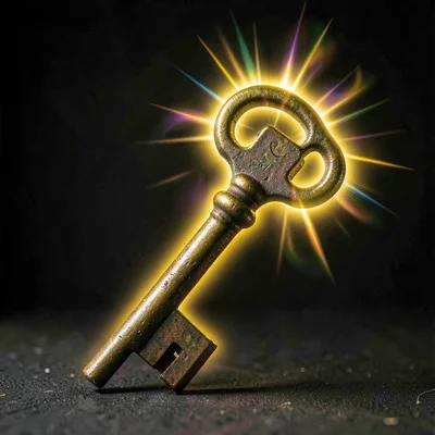 An old brass key with yellow-orange corona halo radiating from its teeth and bow