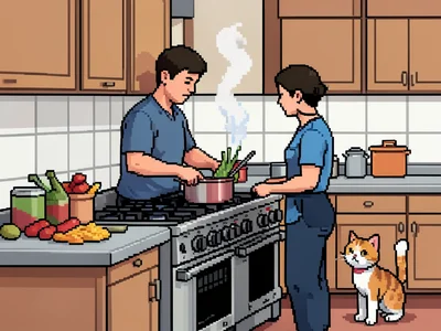 A pixel art kitchen scene: someone cooking at a stove, ingredients on the counte
