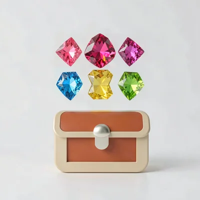 Flat geometric loot drop composition of stacked gem icons and a chest with round