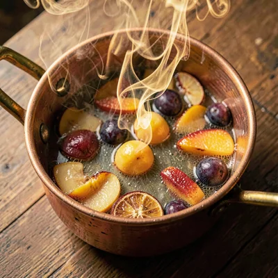 Warm overhead of a copper pot with simmering fruit, steam rising in golden curls