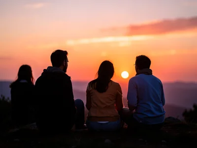 Friends watching sunset from a hilltop, silhouetted against orange and pink sky