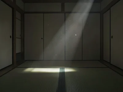 Empty tatami room, light beam containing single visible dust particle, the densi