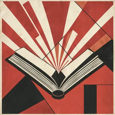Soviet constructivist poster illustration, a book opening with rays of knowledge