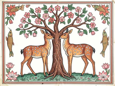 Deer pair beneath a flowering tree — delicate legs, spotted bodies, looking towa
