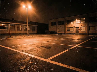 Empty school parking lot at night, sodium orange on painted lines