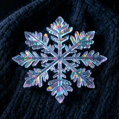 Snowflake on dark wool fabric, six-fold symmetry perfectly preserved, every bran